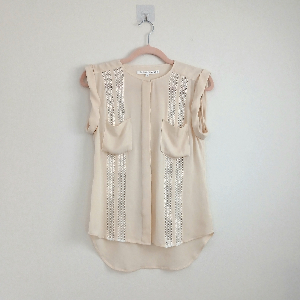 Veronica Beard Silk Cream Crotchet Trim Sleeveless Pocket Top